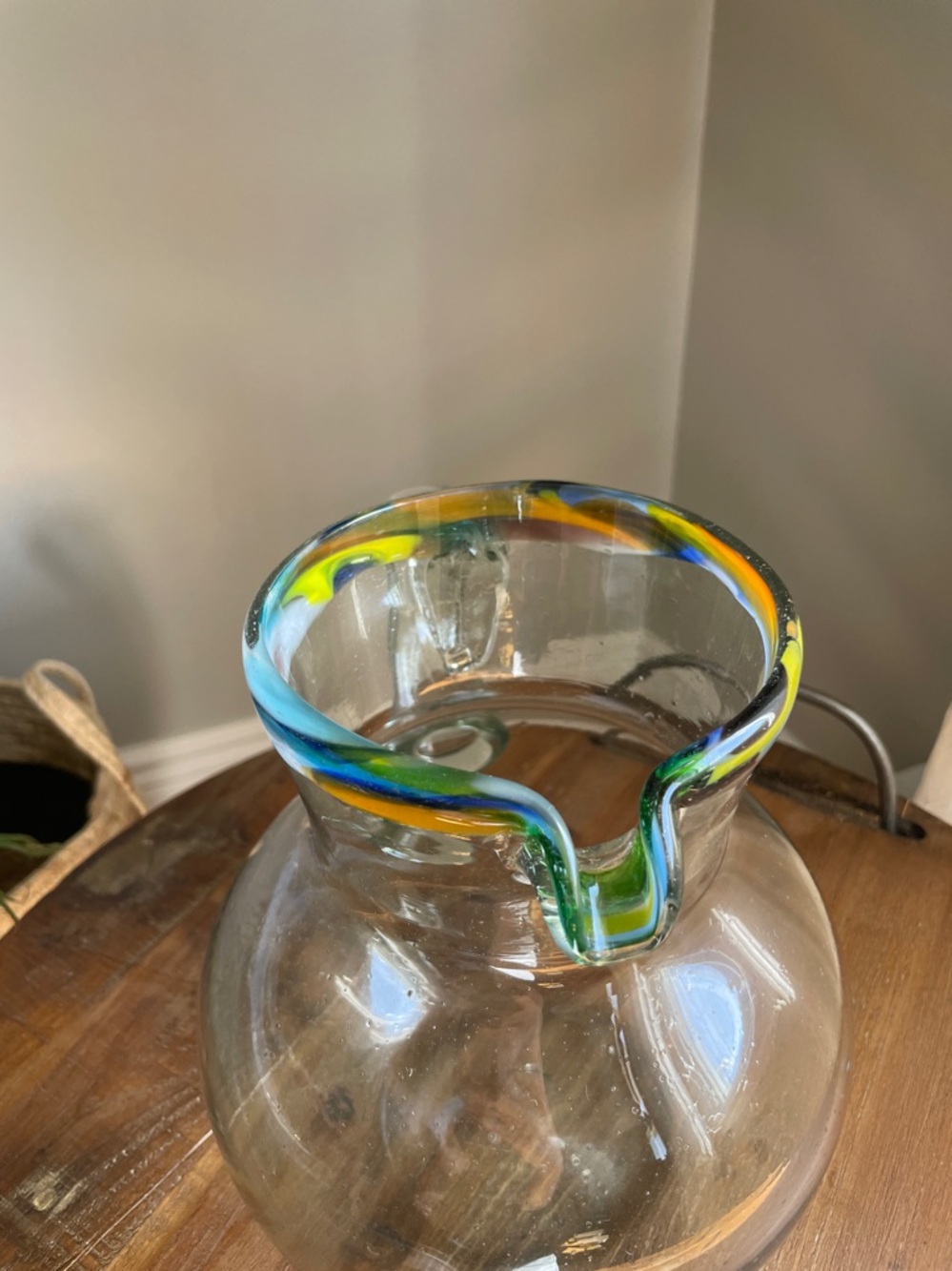Mexican Recycled Clear Glass Pitcher with Colorful Rim - Picture 4 of 7